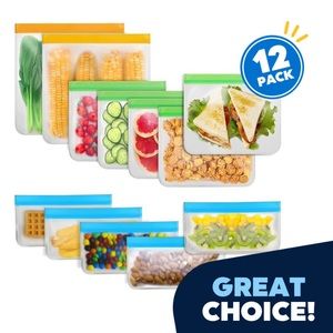 New! 12 Pack Reusable Food Storage Bags BPA Free Double Zipper Leakproof Freezer